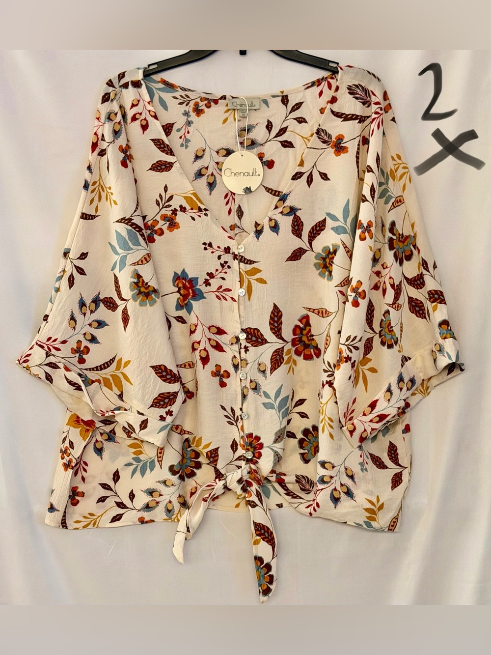 Chenault Cream Floral Button-Front Tie-Hem Blouse with Blue & Mustard Accents